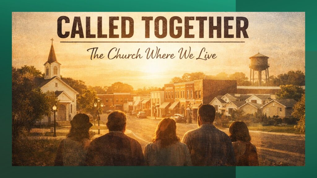 Small group of people standing at the edge of a small town looking toward downtown businesses and a small church. Text reads, "Called Together: The Church Where We Live"