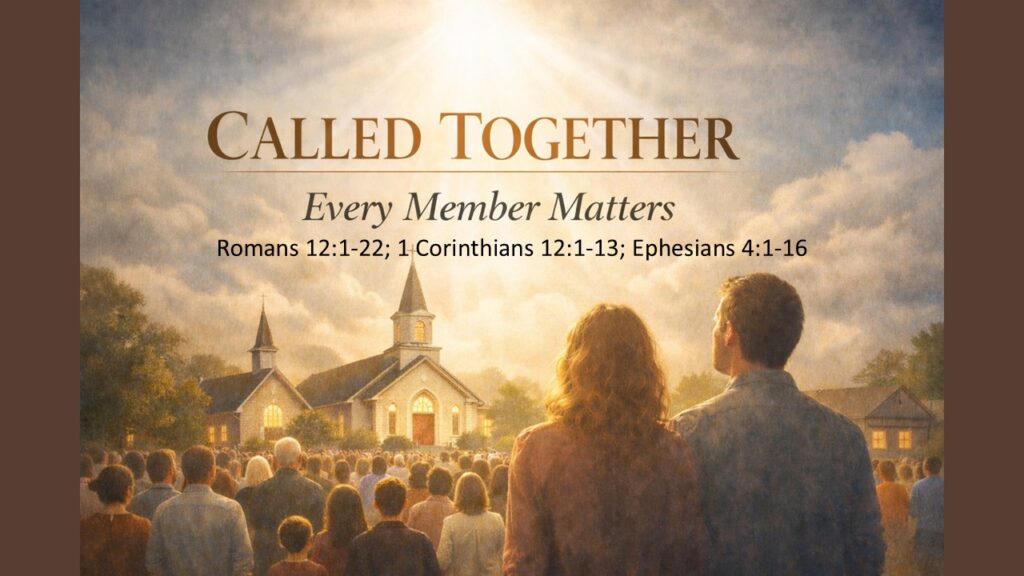 Man and woman standing together in front of a large crowd headed towards a church building. Text reads, "Called Together: Every Member Matters. Romans 12:1-22; 1 Corinthians 12:1-13; Ephesians 4:1-16"