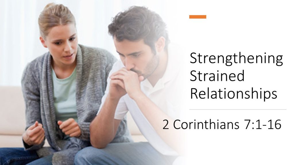 Man and woman sitting together on a coach. Man has his head in his hands and woman is talking. Text reads: Strengthening Strained Relationships, 2 Corinthians 7:1-16