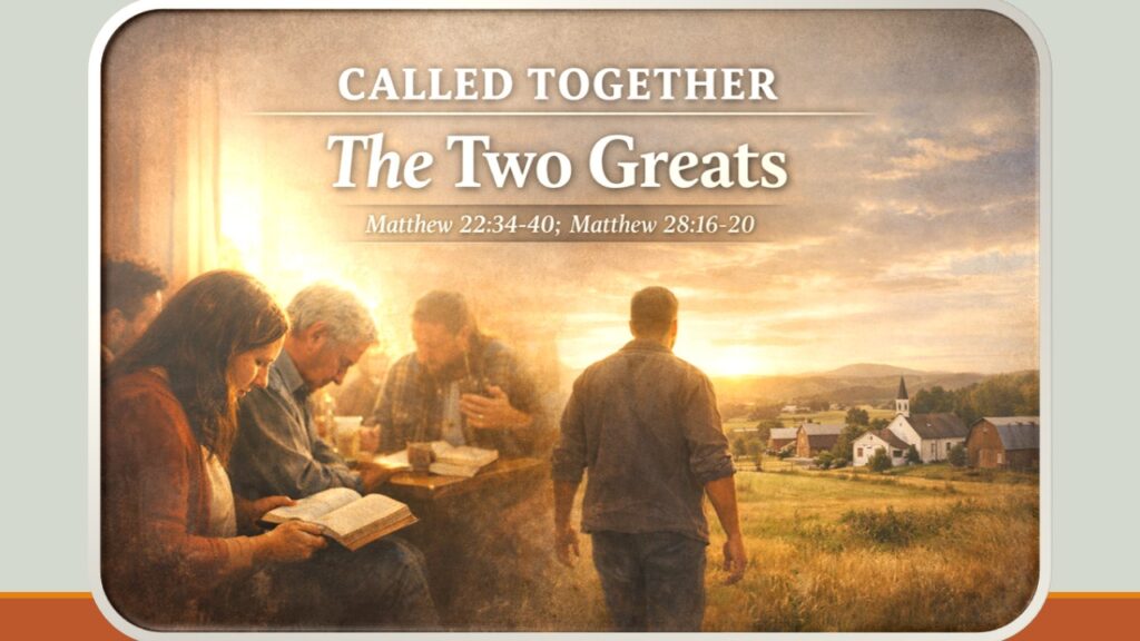 People sitting together, studying the Bible, fading to a single man standing on top of a hill looking down into the town at the church. Text reads, "Called Together: The Two Greats, Matthew 22:34-40; Matthew 28:16-20"